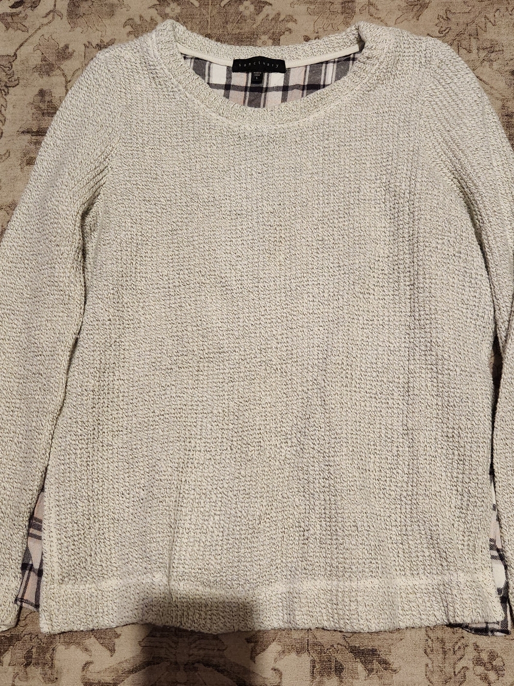 Sanctuary Cream Layered-Look Crewneck Sweater with Plaid Hem
